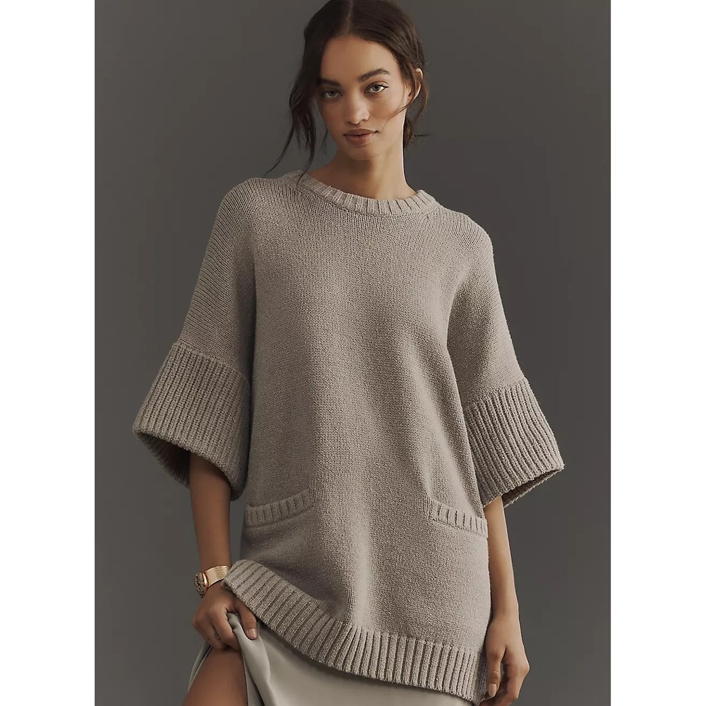 Pilcro Sweater XXS Grey Short Sleeve Sweater Crew Neck Pockets Anthropologie NWT